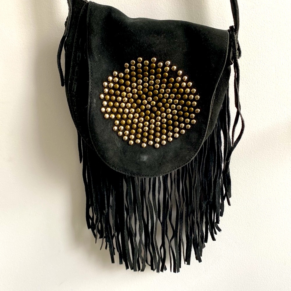 100% suede leather Steve Madden grunge fringe purse / satchel with gold studs